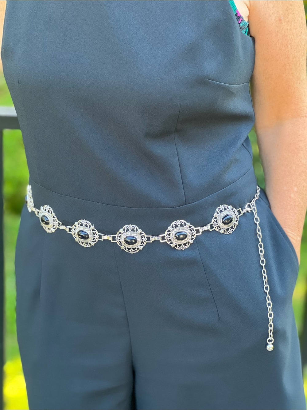 Silver-Tone Filigree Waist Chain Belt with Black Stone Accents